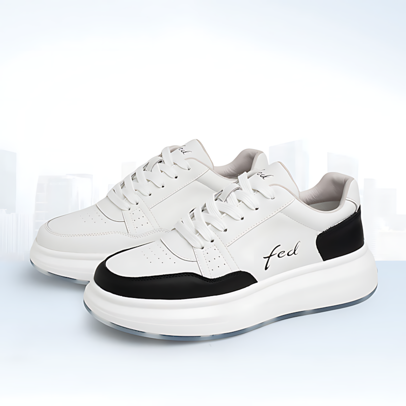 Men's Leather Chunky Trainers – White & Black Casual Sneakers