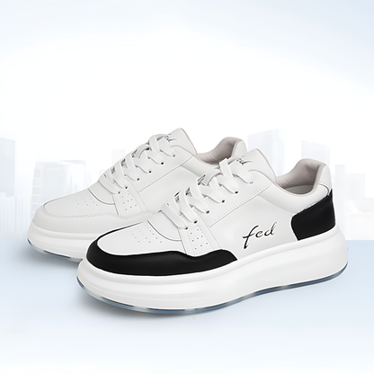 Men's Leather Chunky Trainers – White & Black Casual Sneakers