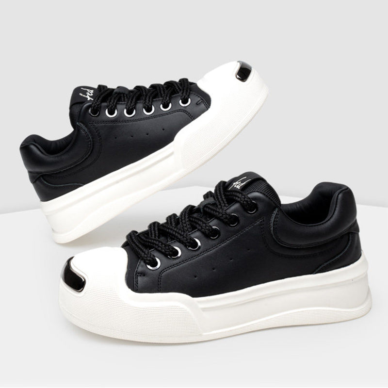 Men's Leather Platform Trainers – Contrast Toe Lace-Up Casual Sneakers