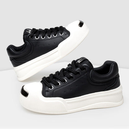 Men's Leather Platform Trainers – Contrast Toe Lace-Up Casual Sneakers