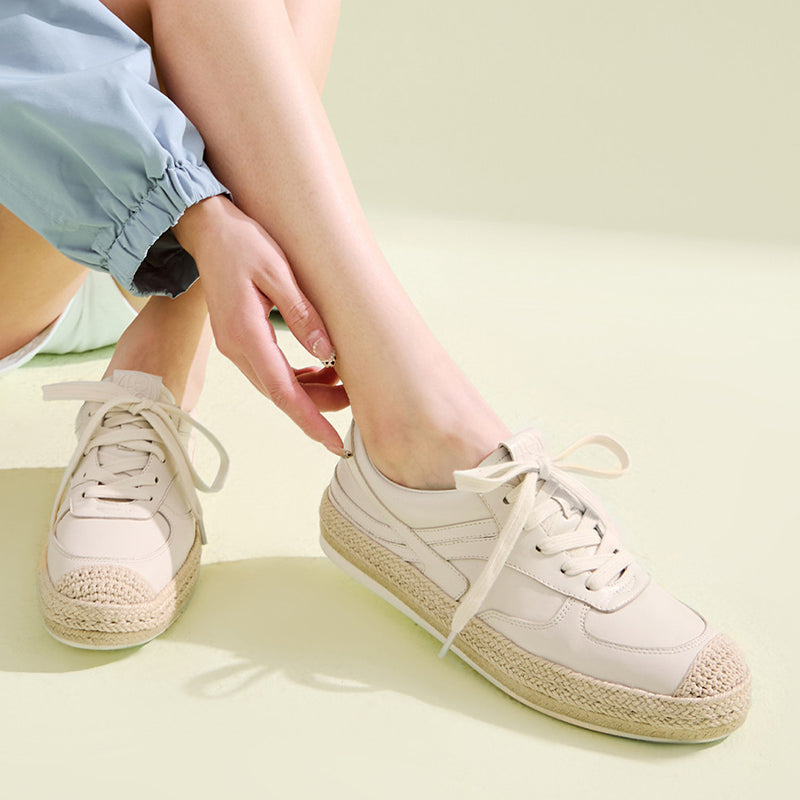 Women's Genuine Leather Espadrille Trainers – Casual Lace-Up Shoes