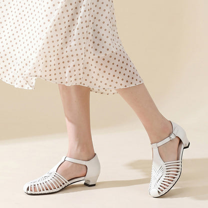 Women’s Leather Woven T-Bar Low Heel Sandals
