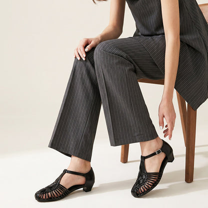 Women’s Leather Woven T-Bar Low Heel Sandals