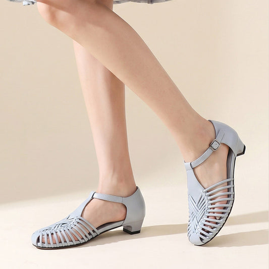 Women’s Leather Woven T-Bar Low Heel Sandals