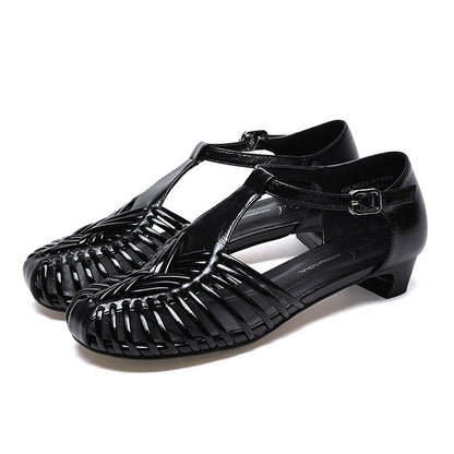 Women’s Leather Woven T-Bar Low Heel Sandals