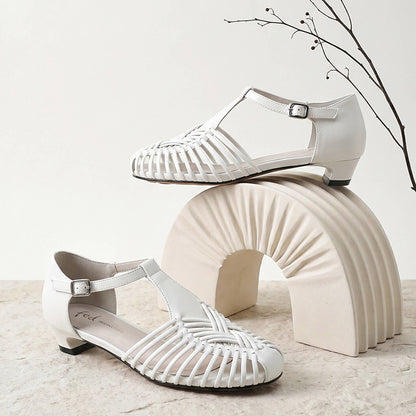 Women’s Leather Woven T-Bar Low Heel Sandals