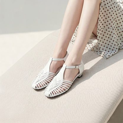 Women’s Leather Woven T-Bar Low Heel Sandals