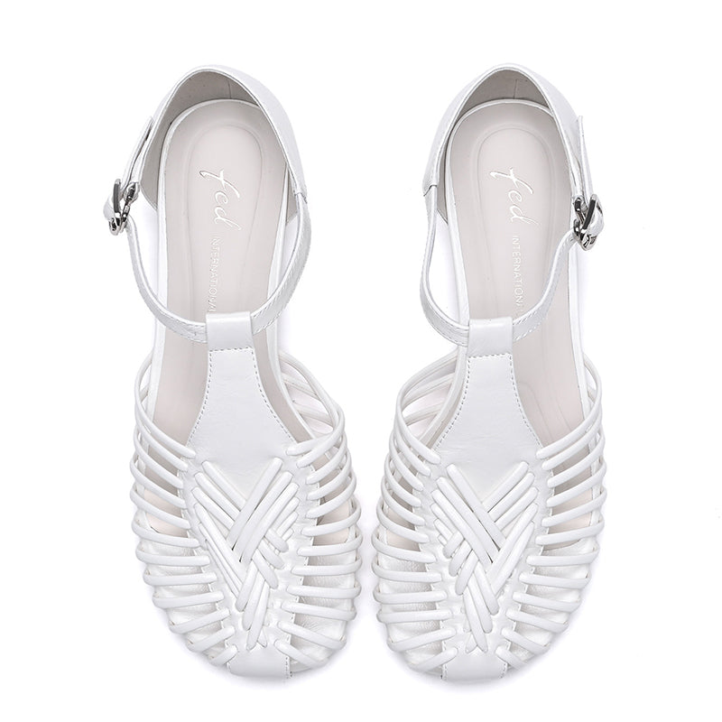 Women’s Leather Woven T-Bar Low Heel Sandals