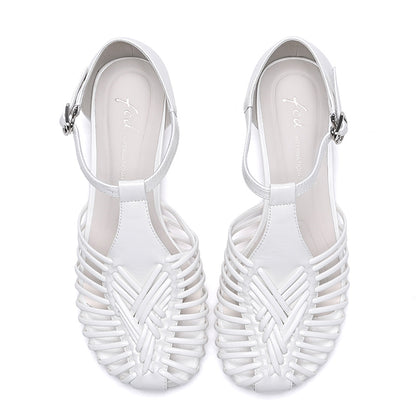 Women’s Leather Woven T-Bar Low Heel Sandals